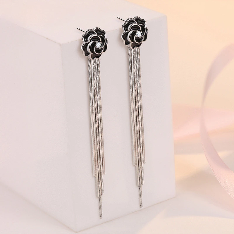 925 Sterling Silver Earrings Black Rose Fringed Long Engagement Jewelry Gift For Women drop earrings dangle earrings