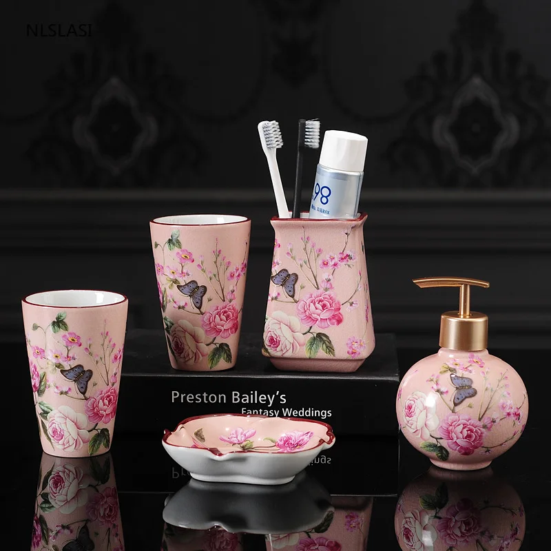 

Chinese Style Bathroom Set Ceramic Washroom Accessories Toothbrush Holder Soap Dispenser Soap Dish Gargle Cup Wedding Gifts