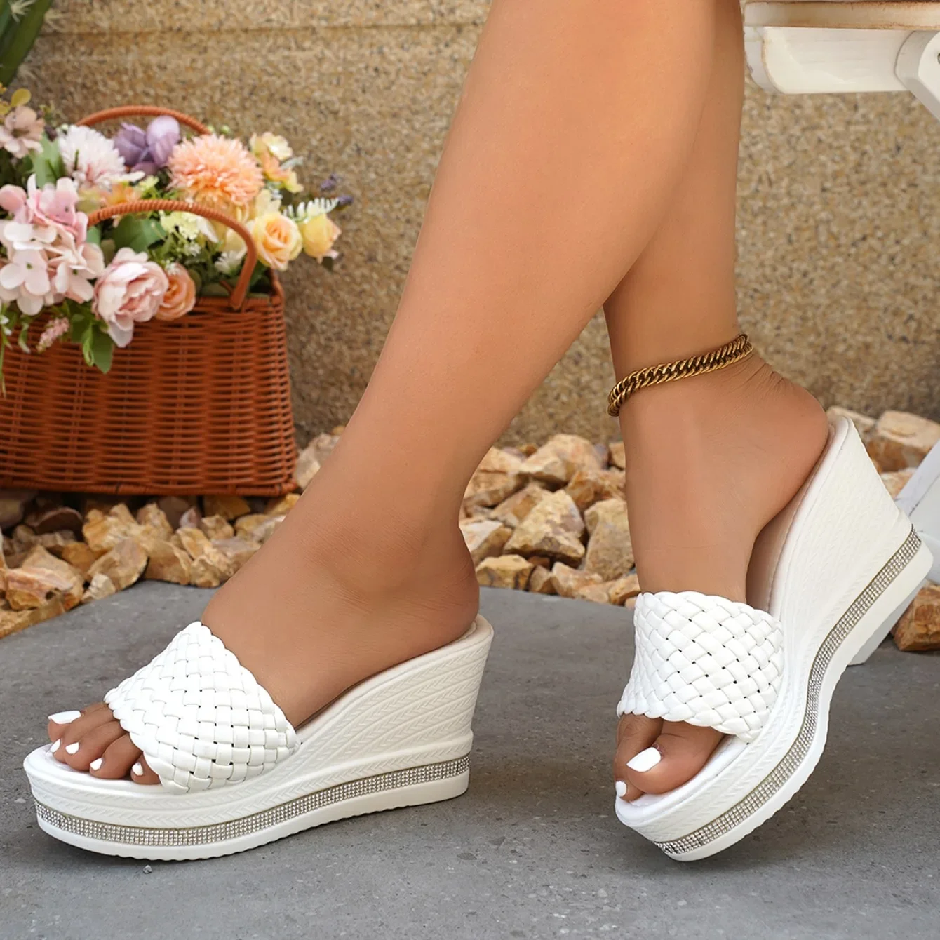 Women’s woven wedge sandals with high heels and open-toe summer design