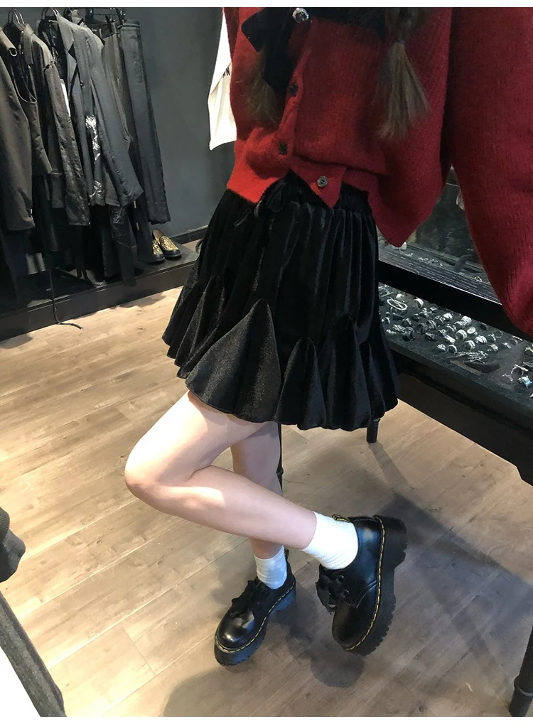 Lautaro Spring Summer Cute Black Soft Velvet Mini Puffy Dress Women with High Elastic Waist Short Kawaii Pleated Flare Skirts green skirt