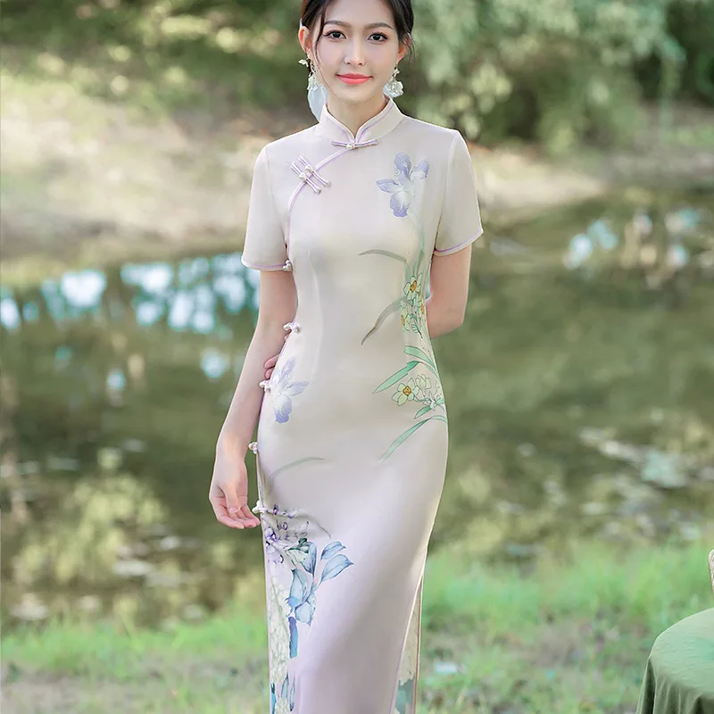 

Yourqipao Summer Embroidered Long Improved Cheongsam Elegant Slim-fitting Banquet Qipao Chinese Style Evening Dress for Women