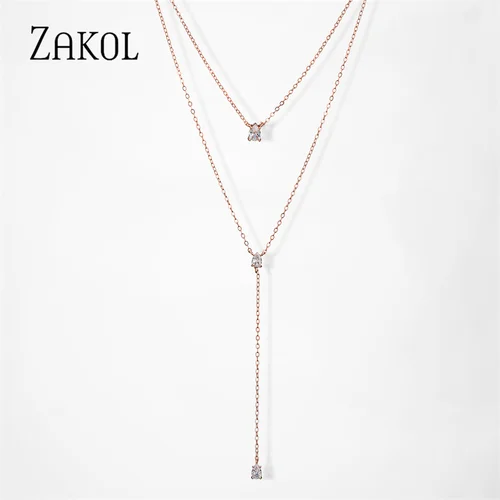 ZAKOL 여성용 원형 더블 레이어 쇄골 초커 목걸이, 기하학적 큐빅 체인 목걸이 쥬얼리, 패션 2
