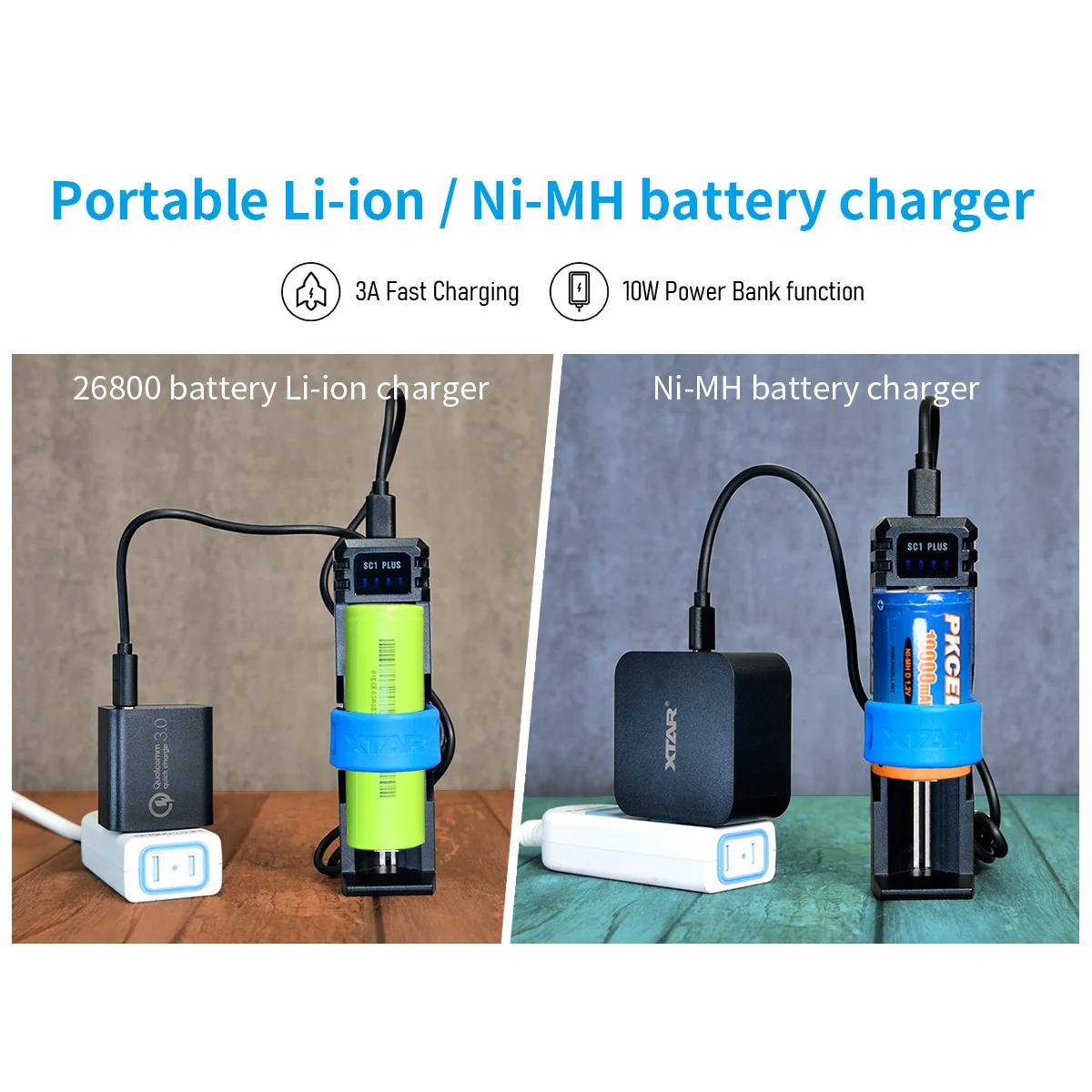 XTAR SC1 PLUS Battery Single-Slot Charger QC PD USB-C 3A Fast Charging 21700 26650 26800 NiMH D 10W Power Bank 18650 Charger