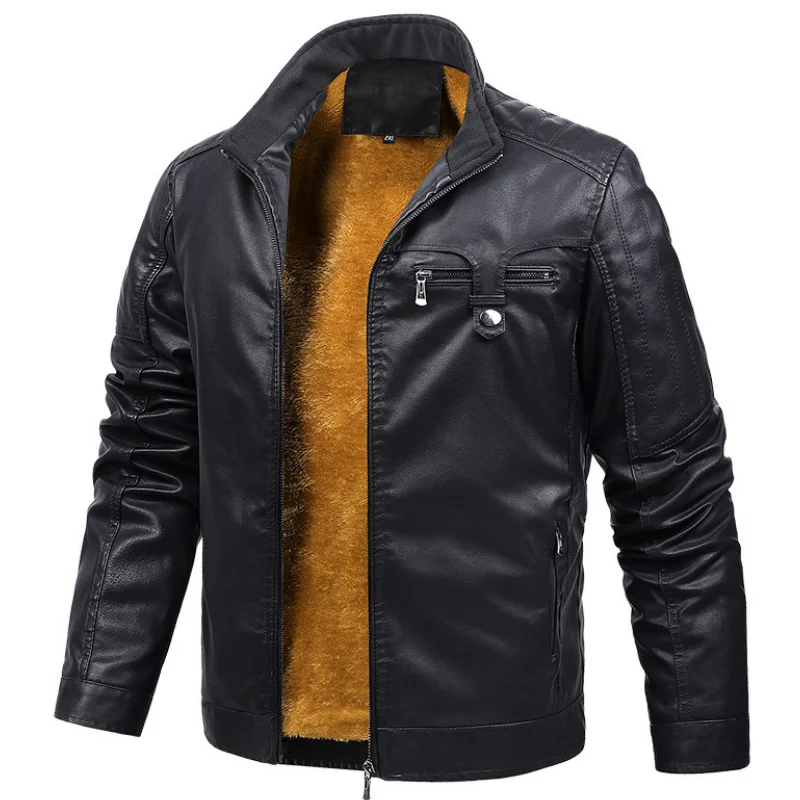 

2023 New Autumn Winter Leather Jacket for Men Stand Collar Motorcycle Jackets Winter Warm Fleece Windbreaker Coat Outwear MY502