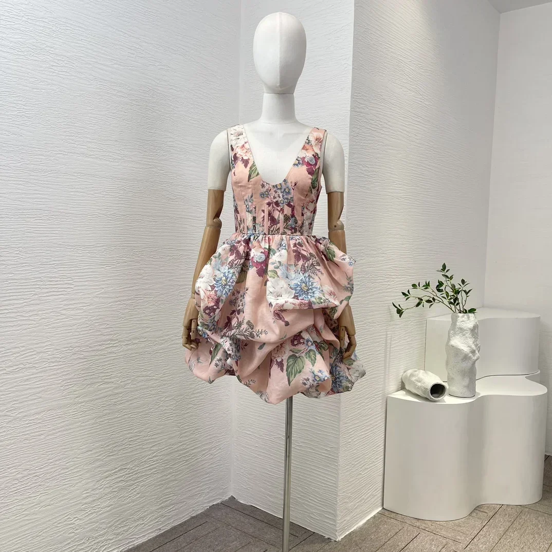 

2023 New Fashion Clothing High Quality Shirred Pleats Floral Print Vintage Pink Sleeveless Women Blue Midi Dress