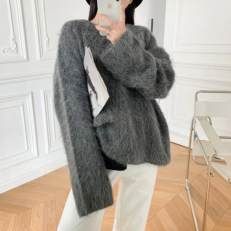 

Women's O-neck Alpaca Sweater 2023 Autumn and Winter New Women's Fashion Temperament Loose Long-sleeved Pullover Top Gray