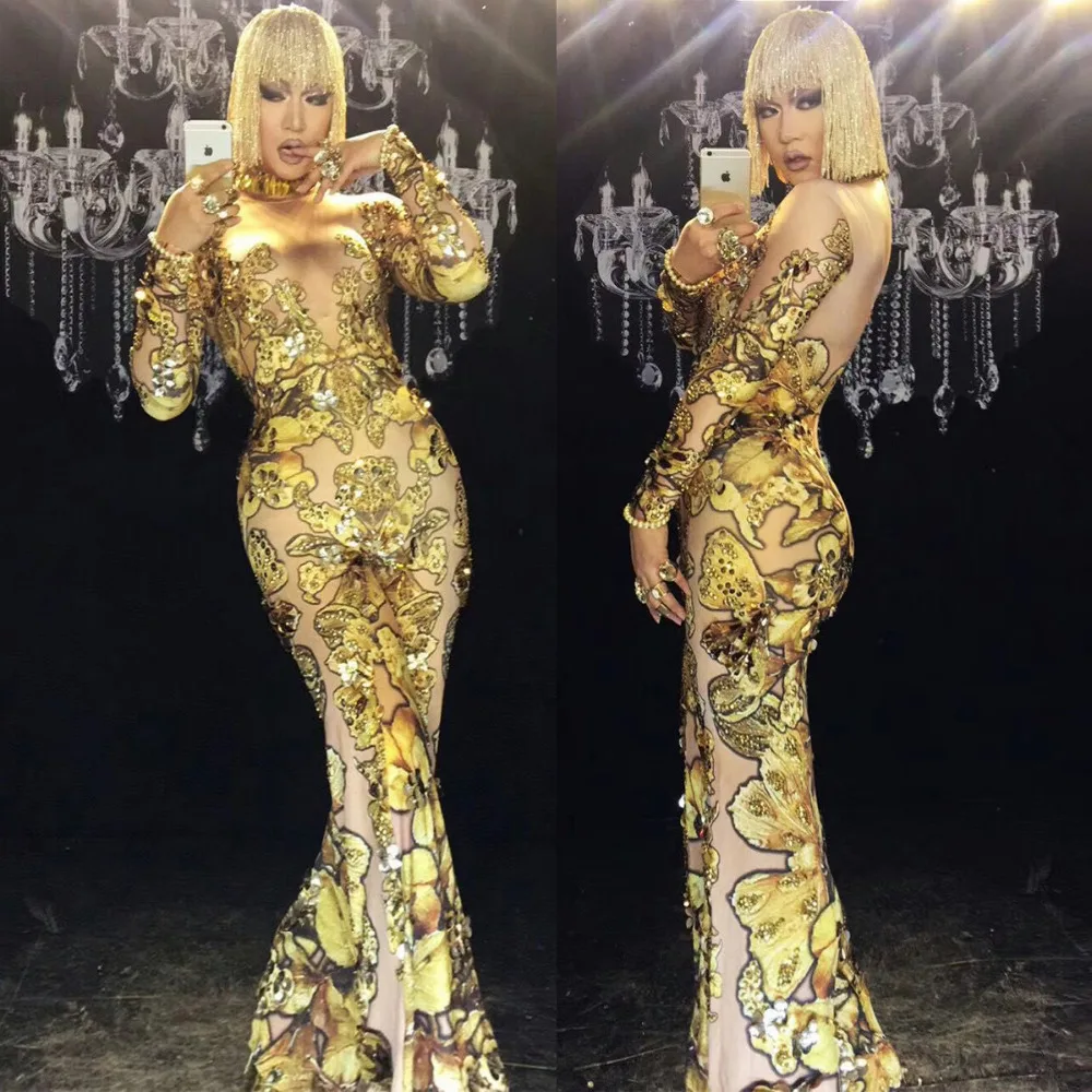 

New Sexy Skinny Gold Rhinestones Rompers Woman Singer Dancer Big Pants Costume One-piece Bodysuit Nightclub Party Jumpsuit