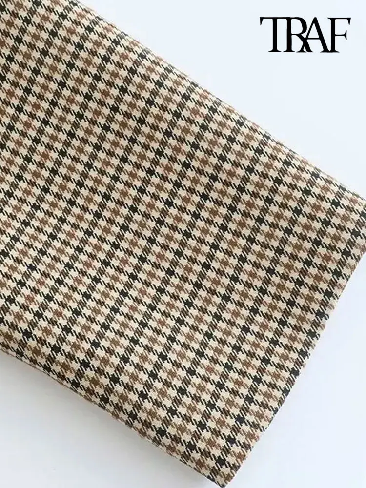 TRAF Women Fashion Double Breasted Plaid Blazer Coat Vintage Long Sleeve Flap Pockets Female Outerwear Chic Vestes Femme 6