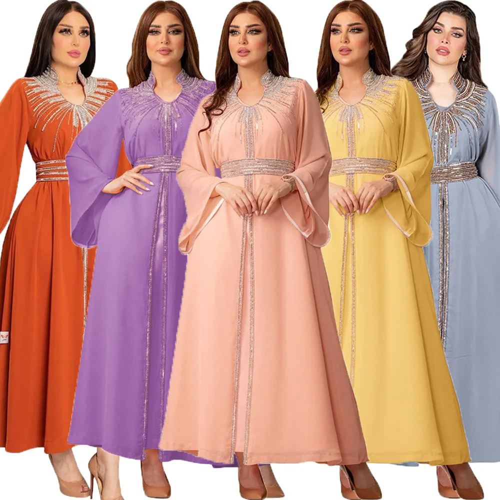 

Diamonds Chiffon Maxi Evening Dress Women Muslim Abaya Dubai Turkey Kaftan Eid Mubarak Ramadan Jalabiya Morocco Robe Gown Caftan