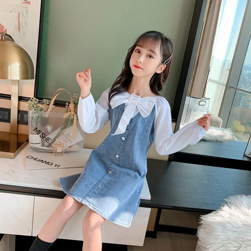 

Girls Dress 2023 New Spring Clothes Kids Long Sleeved Denim Dresses Children Bow Tie Vestido Autumn