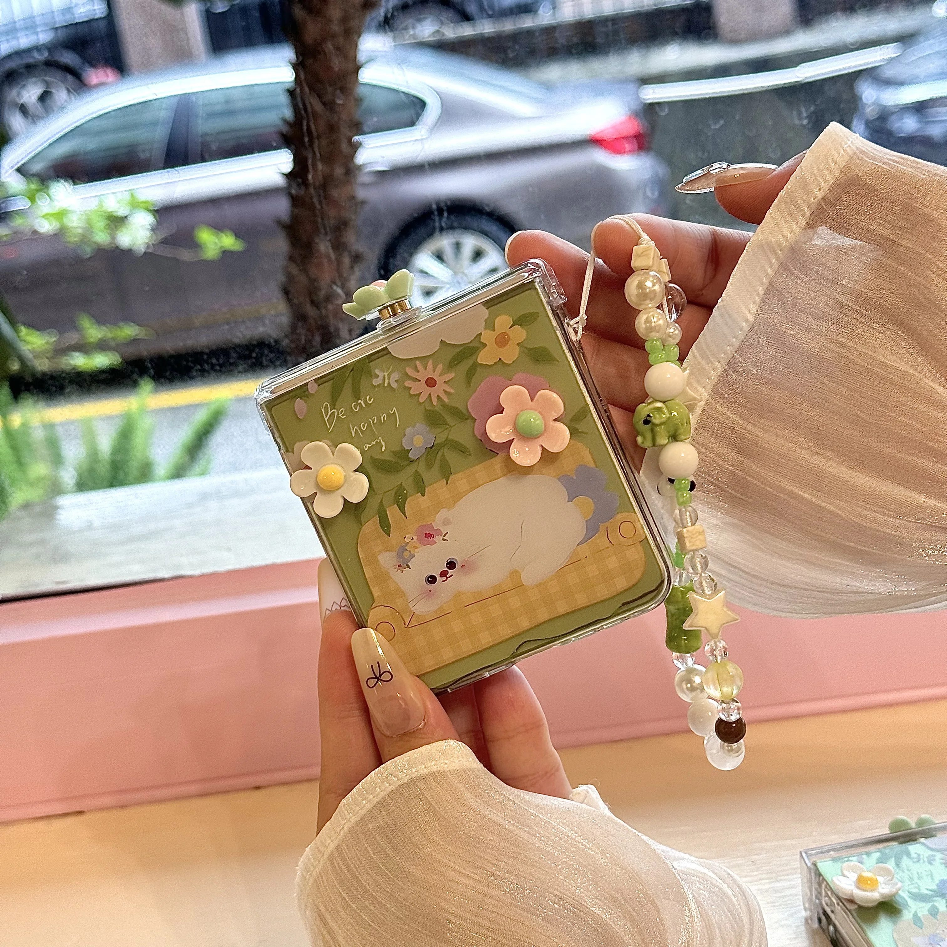 Hinge Protective Phone Case with 3D Flower & Cute Cat Star Wrist Strap