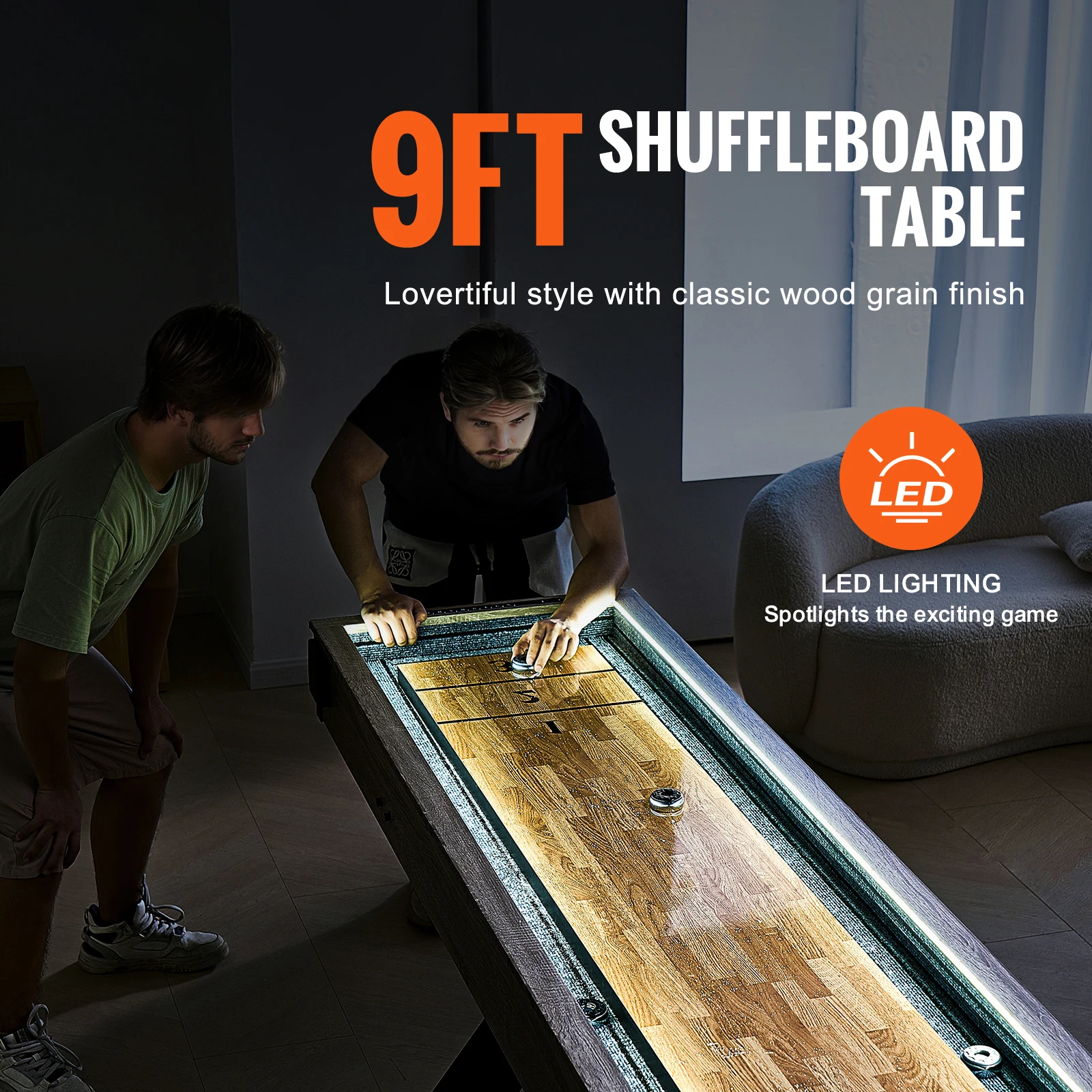 9ft LED Light Up Shuffleboard Table for Family Game Room
