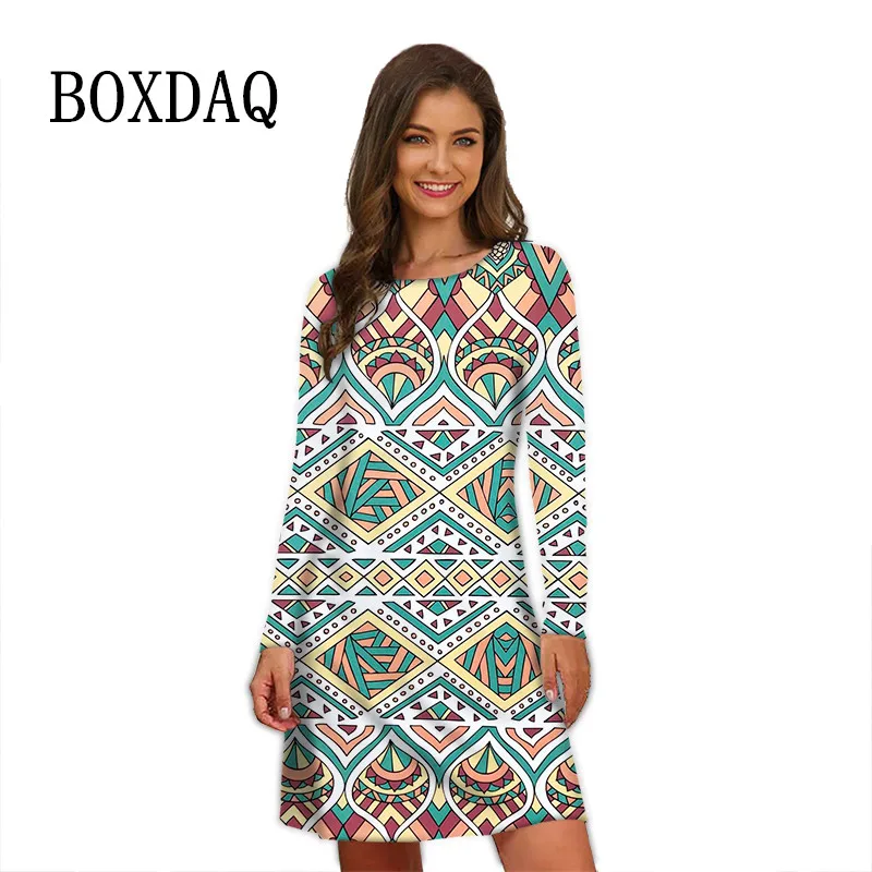 

Ethnic Style Print Women Dresses Casual Geometry Pattern Long Sleeve Dress Autumn Winter Oversized Pullovers Female Clothing New