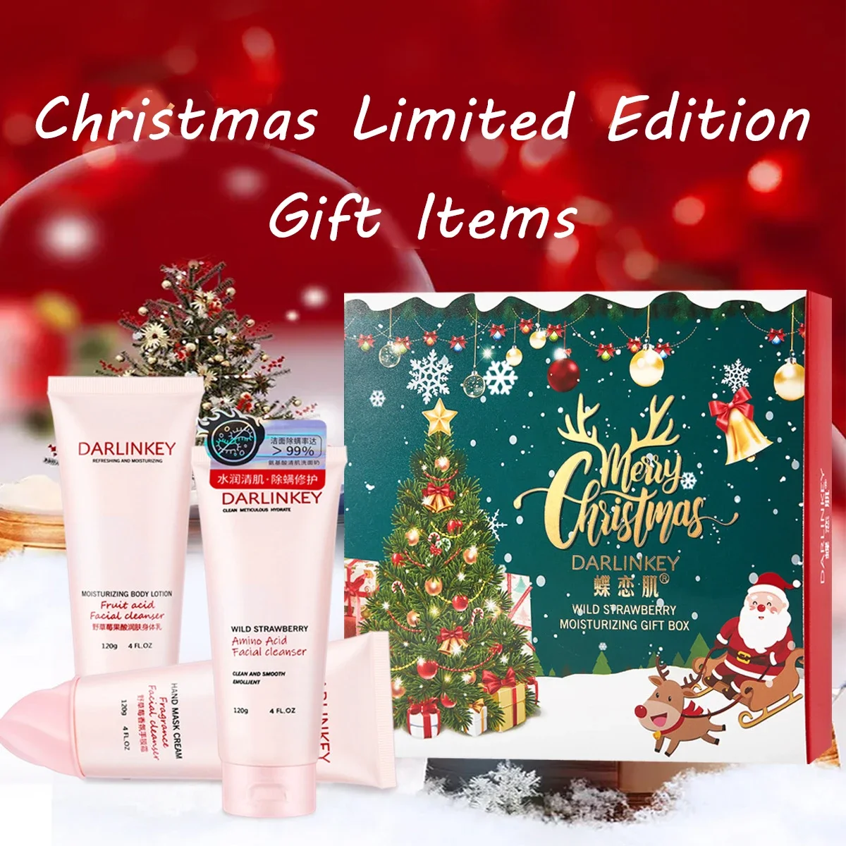 Wild Strawberry Moisturizing Christmas Gift Box Hand Cream Body Lotion Facial Cleanser Combination Korean Skincare Sets Products 3