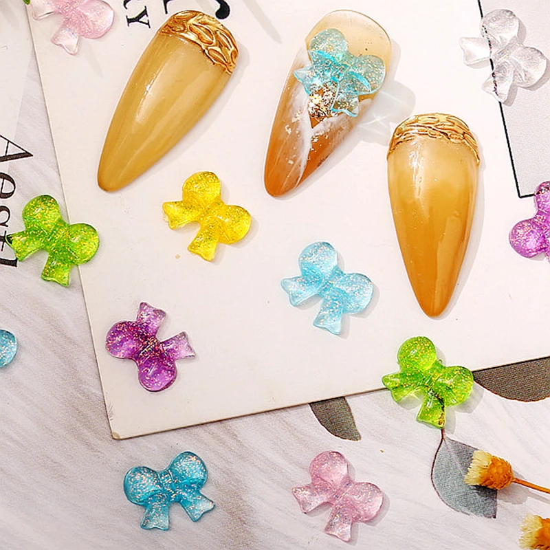 

50PCS Glitter Resin Bow Nail Art Decorations Charms Japanese Accessories Jelly Bowknot Beauty Manicure Designer Supplies Tool