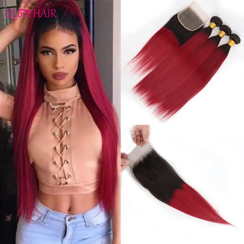 

Straight Bundles Human Hair With Closure Malaysian Hair Weave 4 Bundles With Lace Closure Ombre 1B-Burgundy Remy Hair Extensions