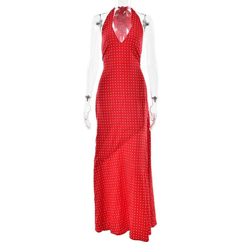 Absobe Polka Dot Print Color Block Maxi Dress Elegant V Neck Halter Tie Slim Backless A Line Long Dress For Women Chic Partywear