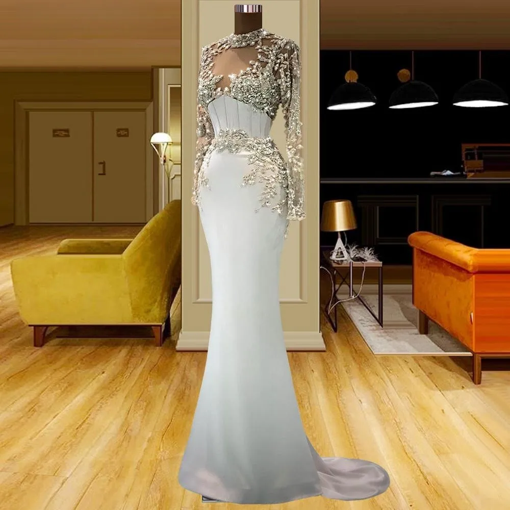 

Long Sleeves Prom Dresses Mermaid High Collar Appliques Prom Gown Saudi Arabia Dubai Black Girls Evening Dresses Robe De Soiree