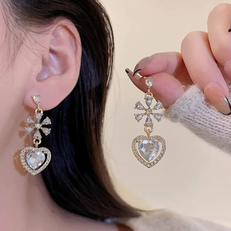 

925 silver New Inlaid Zircon Flowers Love Tassel Golden Earrings For Women Personality Fashion Earring Wedding Jewelry Birthday