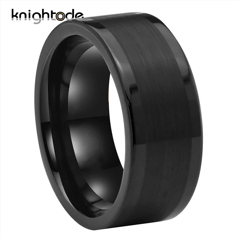 

12mm Black Tungsten Men Wedding Band Flat High Polished Center Brushed Never Rust Size 7-15