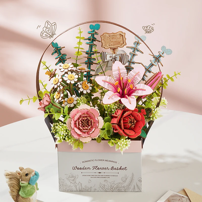 로보타임 3D 퍼즐 꽃 나무 모형 키트 DIY 나무 퍼즐 꽃다발 꽃 모형 키트 수공예 조립 세트