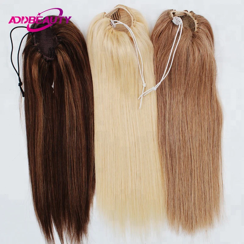 Straight Ponytail Human Hair 100% Real Human Hairpiece Clips in Drawstring Ponytail for Women Wrapped Around Horsetail Natural