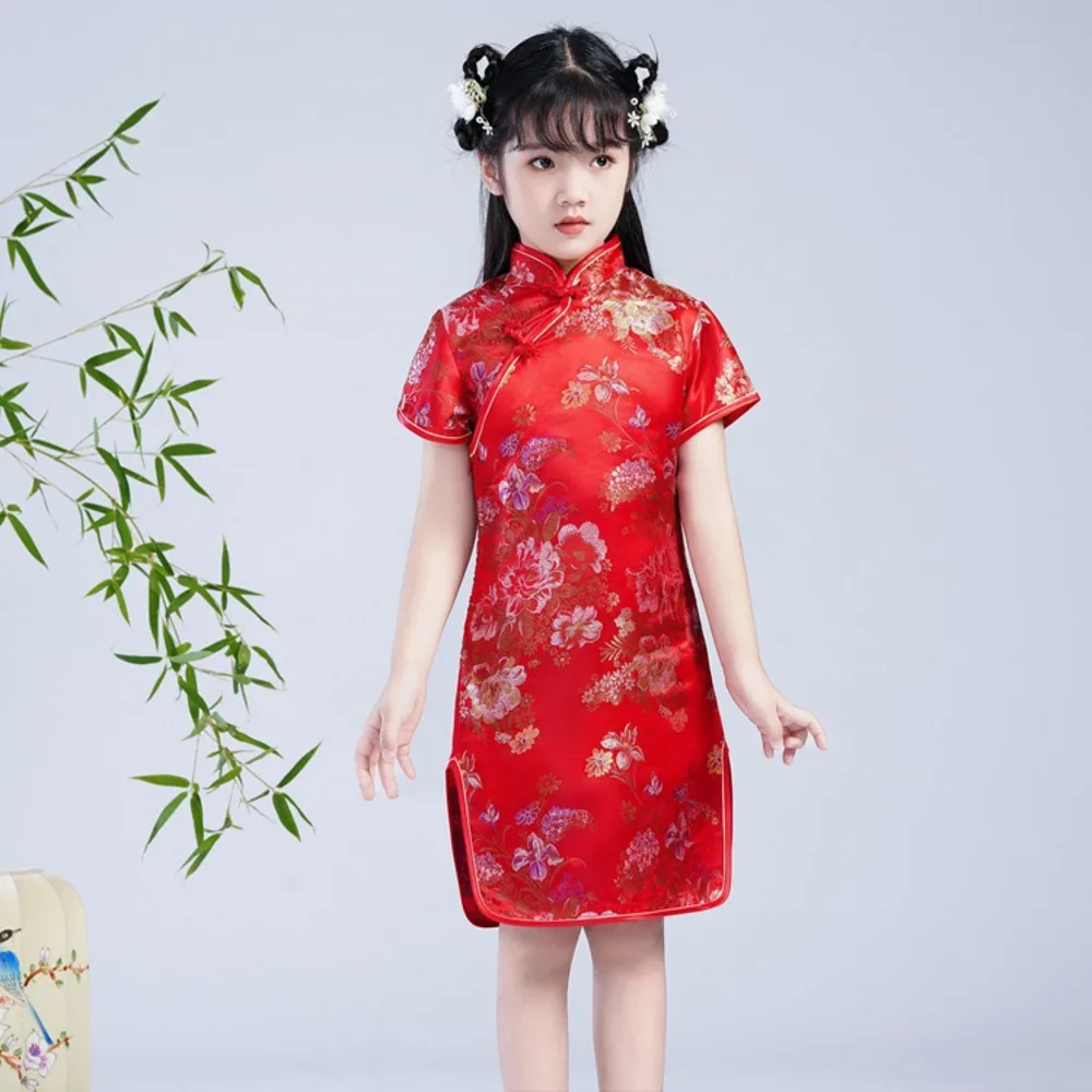 Chinese Traditional Costumes Kids Hanfu Floral Dragon Phoenix Qipao Summer