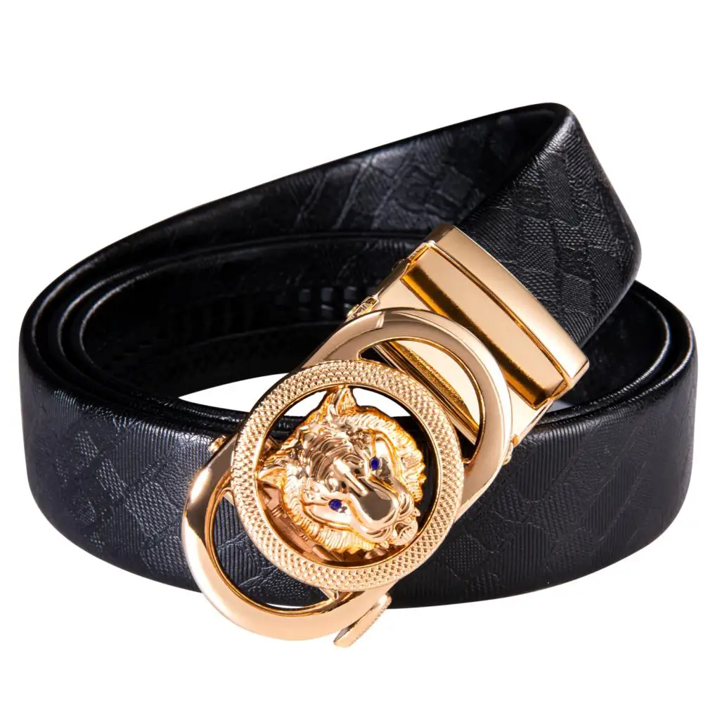 Luxury Belts for Men Black Leather Gold Lion Metal Automatic Buckle Rachat Cowskin Waistband Male Straps Barry.Wang