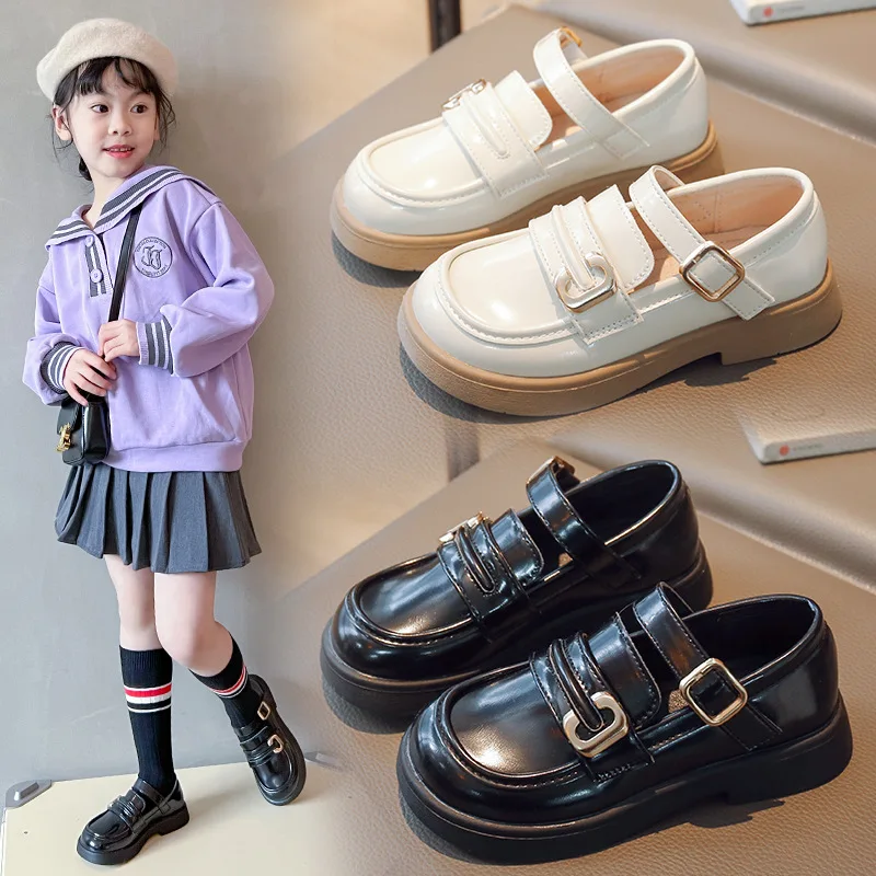 

Children Shoes for Girls Kids Leather Flats Retro Metal Buckle Fashion Classic 2023 Brand New Black Beige for School Party 26-36