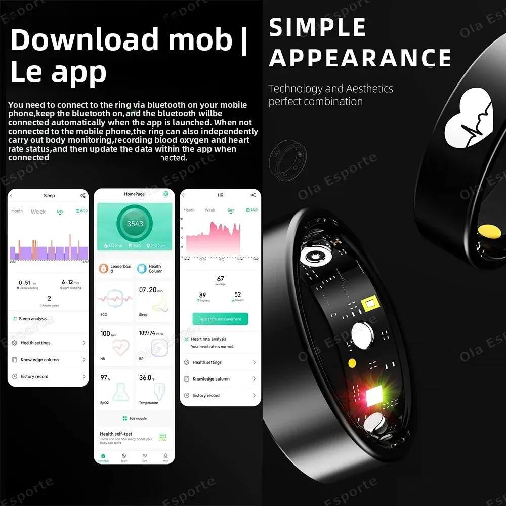 QINO Nuovo Anello Intelligente con Rilevamento ECG, Pressione Sanguigna, Frequenza Cardiaca, Monitoraggio Temperatura Corporea, Impermeabile, Tracciamento GPS per Uomini e Donne - immagine 2