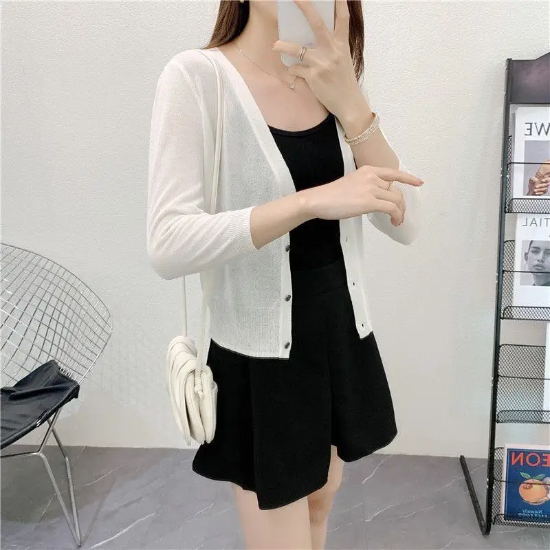 Spring/Summer Ice Linen Knitted Split Sleeve Cardigan Women's Versatile Office Air Conditioning Shirt Fashion Sunscreen Top