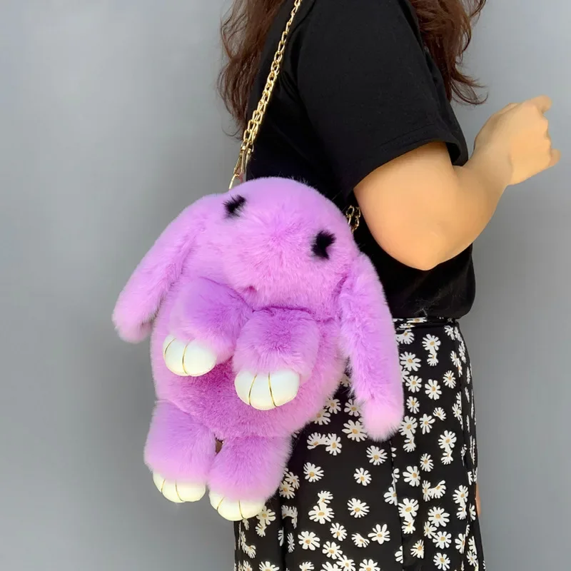 Cute Fluffy Rabbit Fur Pompoms Chain Bag Women Cartoon Rabbit