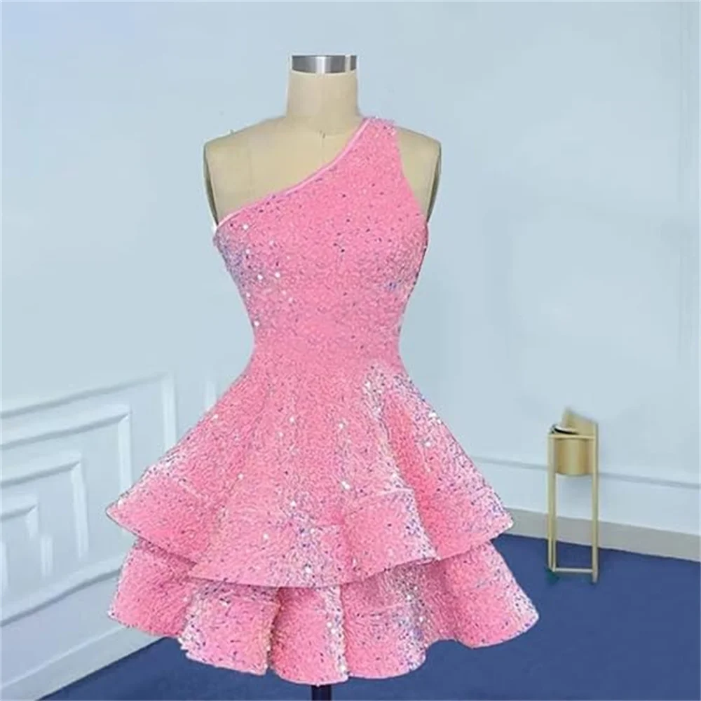 

Duricve One Shoulder Sequin Homecoming Dresses Short Layered Sparkly Prom Dress for Teens 2024 A Line Evening Party Gowns