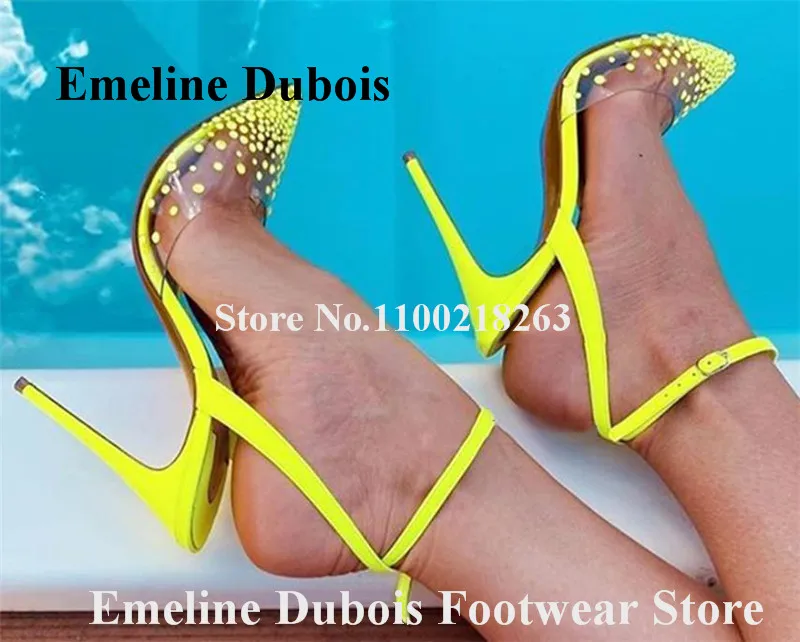 

Yellow Rhinestones Pumps Emeline Dubois Pointed Toe PVC Patchwork Crystals Stiletto Heel Dress Shoes Wedding High Heels