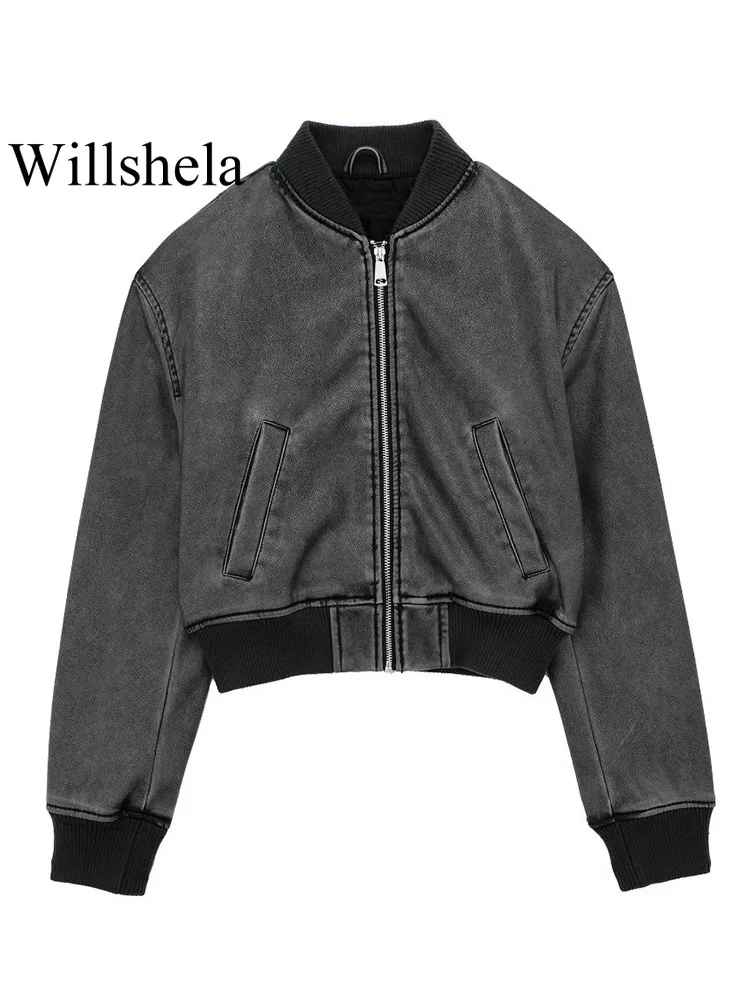 

Willshela Women Fashion PU Black Front Zipper Bomber Jackets Vintage O-Neck Long Sleeves Female Chic Lady Outfits