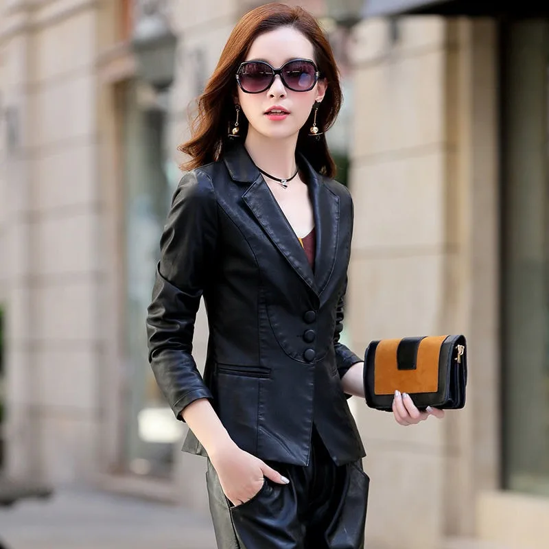 2023 Spring Autumn New Motorcycle Wind Short Suit Collar Slim-fit Imitation Sheep Leather Jacket Show Thin Loose Coat Women