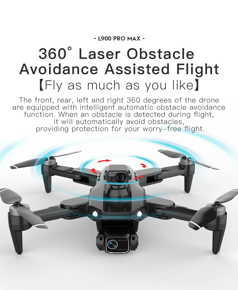 Drone L900 Pro Max 8K avec 3 batteries et ses accessoires, télécommande et batteries supplémentaires visibles