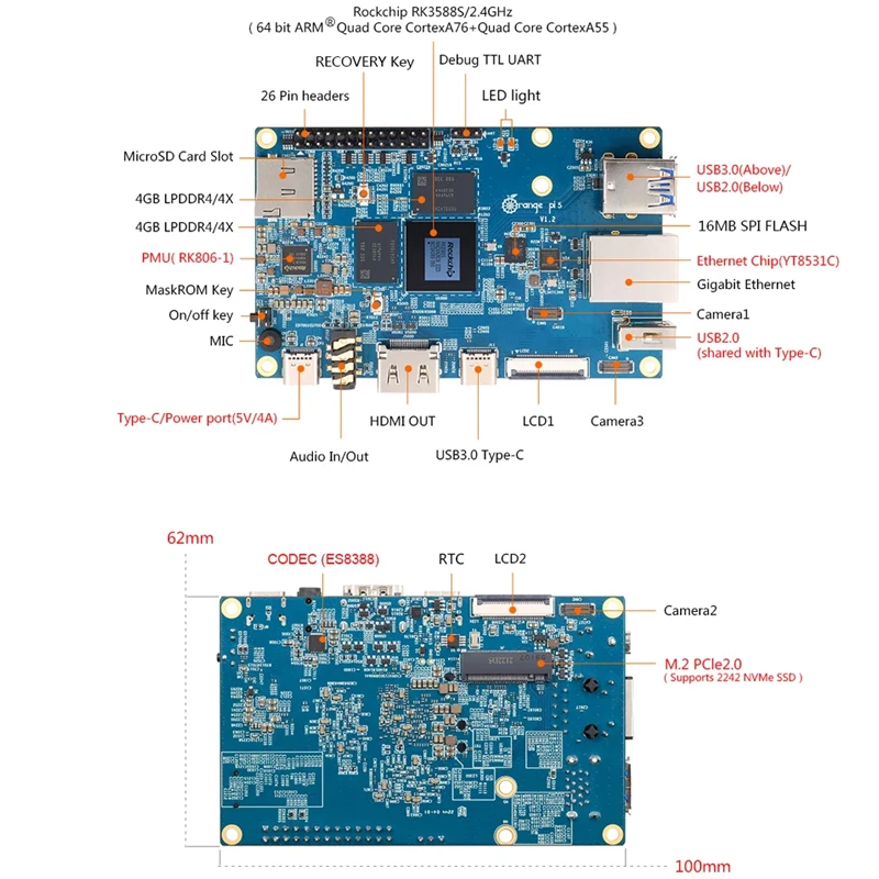 오렌지 파이 PCIE 모듈 외부 와이파이, BT 리시버 기가비트 이더넷 SSD, 싱글 보드, 아크릴 옵션, 5, 4, 8, 16GB, RK3588S