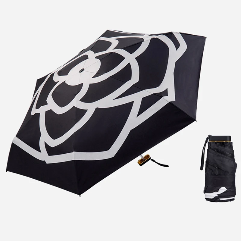 

Mini Umbrella Poket Women Umbrellas Five-Folding 6 Ribs Camellia Black White Anti UV Parasol Fashion Simplicity Small Umbrella