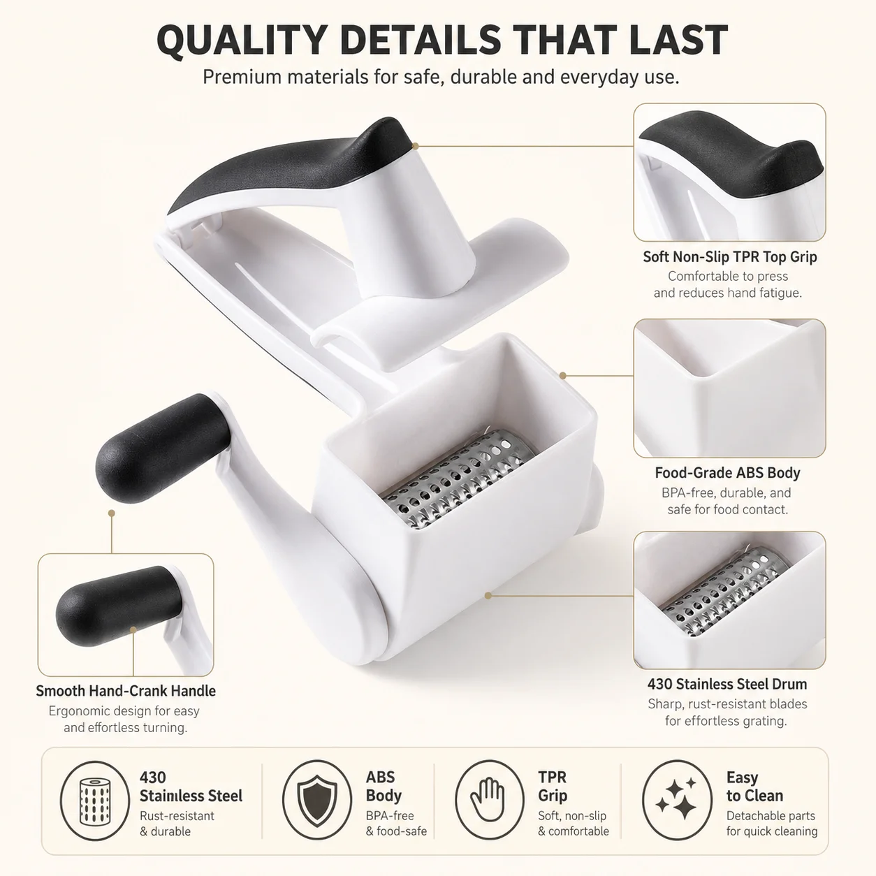 Handheld Rotary Cheese Grater 3 Interchangeable Drums Manual Vegetable Slicer Shredder For Kitchen Pasta Salad Prep