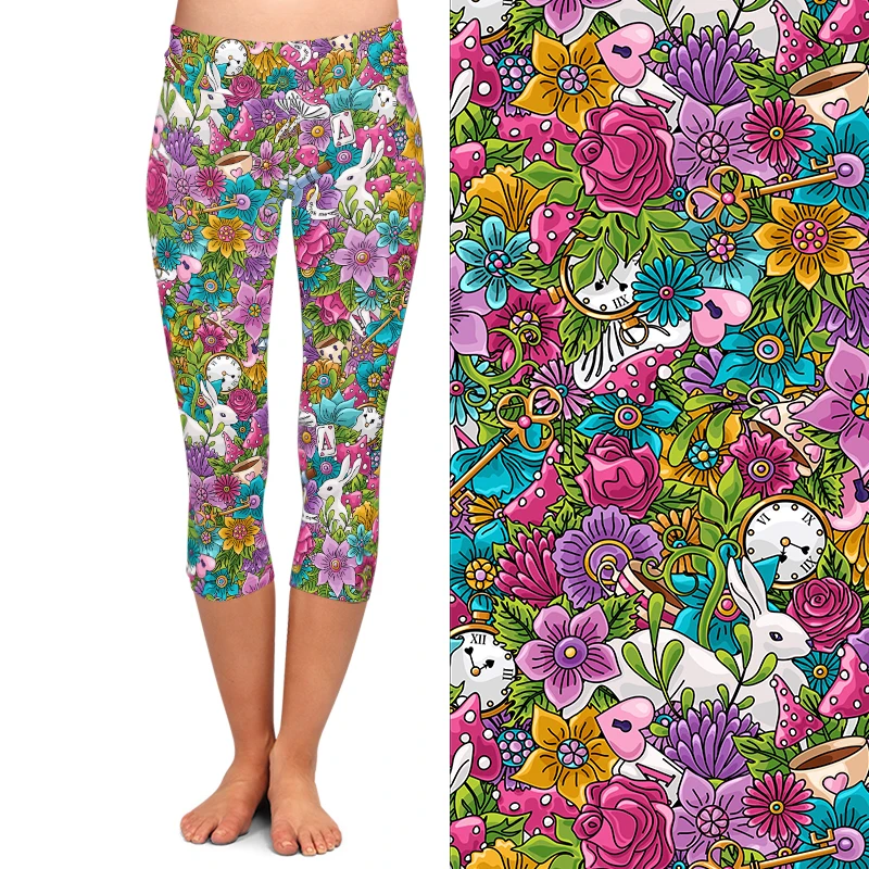 LETSFIND Fashion Colorful Flowers Rabbit Coffee Elements Printed Women Capri Leggings High Waist Fitness Pants Summer