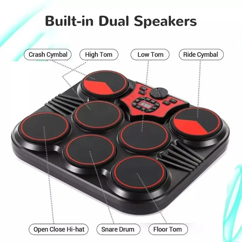 Multifunction Portable Electronic Drum Set 7 Velocity-Sensitive Pads Tabletop Drum Practice Drum Support Recording Audio Input
