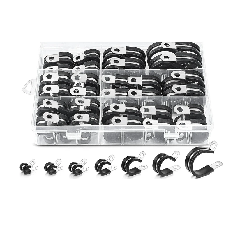 

60Pcs Cable Clamps Assortment Kit, 304 Stainless Steel Rubber Cushion Pipe Clamps R-Type Hose Clamp 7 Sizes Easy To Use