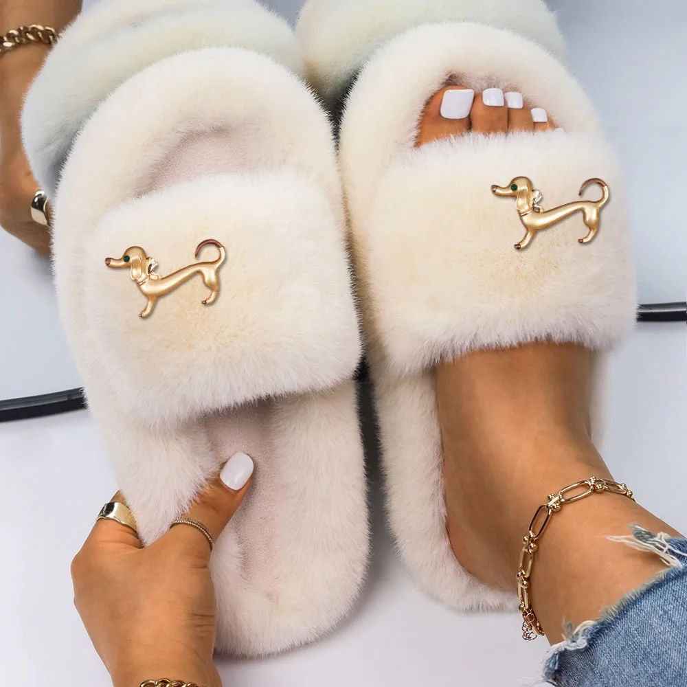 Women's Slippers Shoes Faux Fur Slides Cute Dachshund Decor Flat Sandals Designer Flip Flops Female Winter Plush Slippers 2022