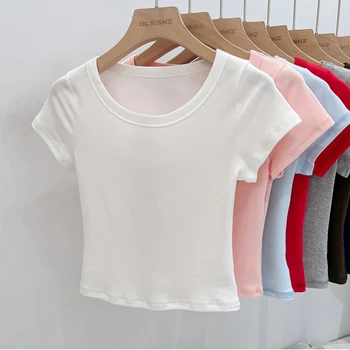 2025 المرأة قصيرة الأكمام تي شيرت عادية س الرقبة الصلبة سليم المحملة الصيف مثير الأساسية المحاصيل الأعلى بسيط تي شيرت الإناث Y2K بلايز الملابس 5
