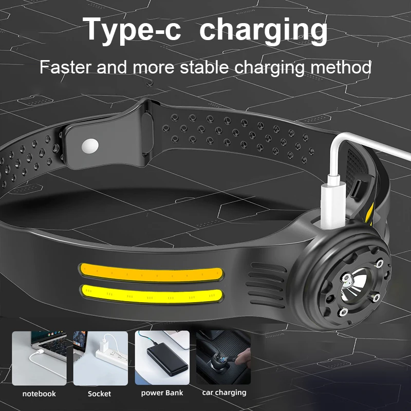 Linterna frontal de inducción con Sensor LED COB, linterna de cabeza recargable por USB, batería integrada, 6 modos, 8000LM