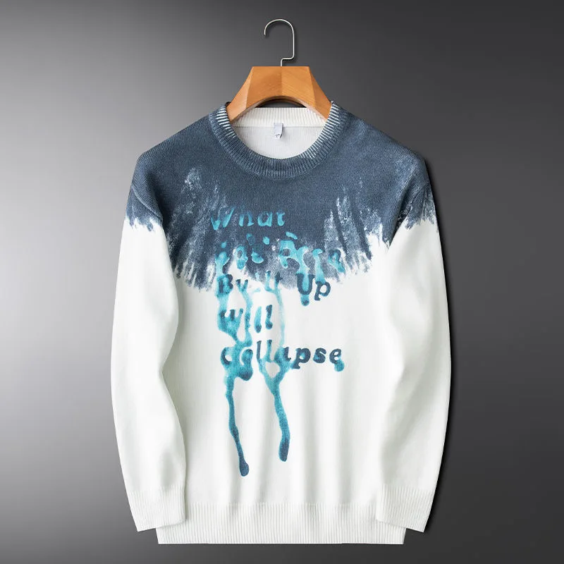 

Men's Round Neck Autumn Winter Thick Casual Versatile Warm Knitted Pullover High End Luxury Trend Tie Dyed Jacquard Sweater