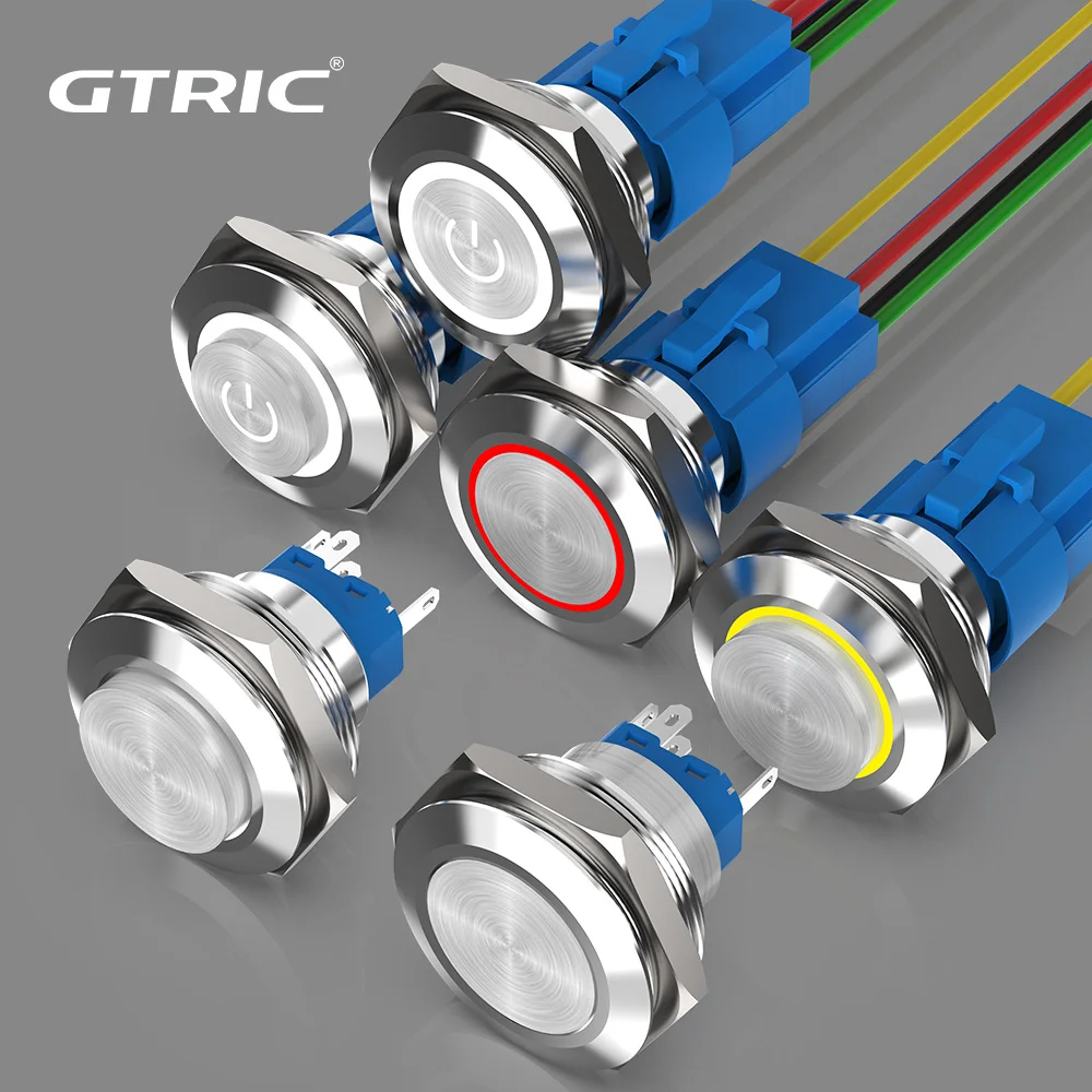 Gtric-interruptor de Botão de Metal Luz Led Travamento Momentâneo Cabeça Plana Interruptor de Alta Potência 12 24 110 220v 30 mm Aço Inoxidável