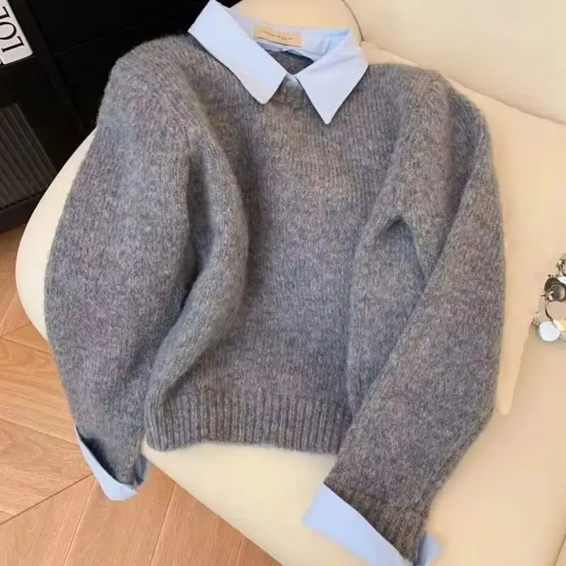 New Fake Two Shirts Collar Sweater Women's Autumn Contrasting Color Gray Knit Sweater Pullover Sweaters Warm Knitwear Female 2