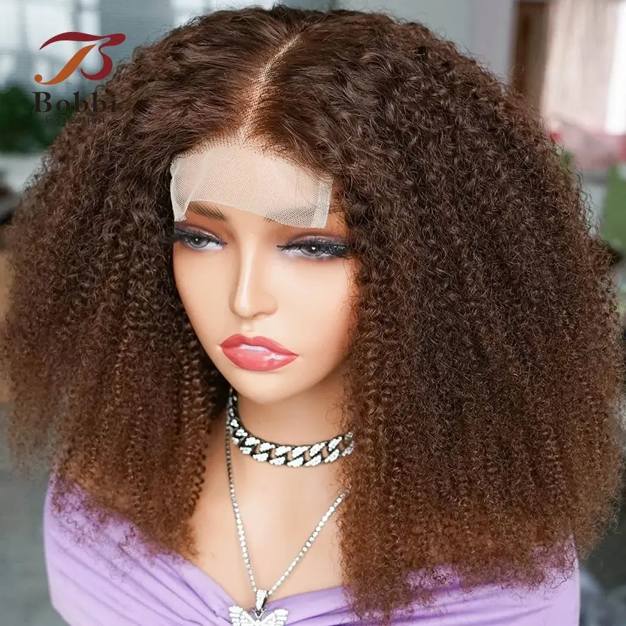 250% Density Brown 4x4 Lace Front Wig Afro Kinky Curly Thick Human Hair Wigs For Women Pre-Plucked Transparent Lace Bobbi human hair wig lace front wigs